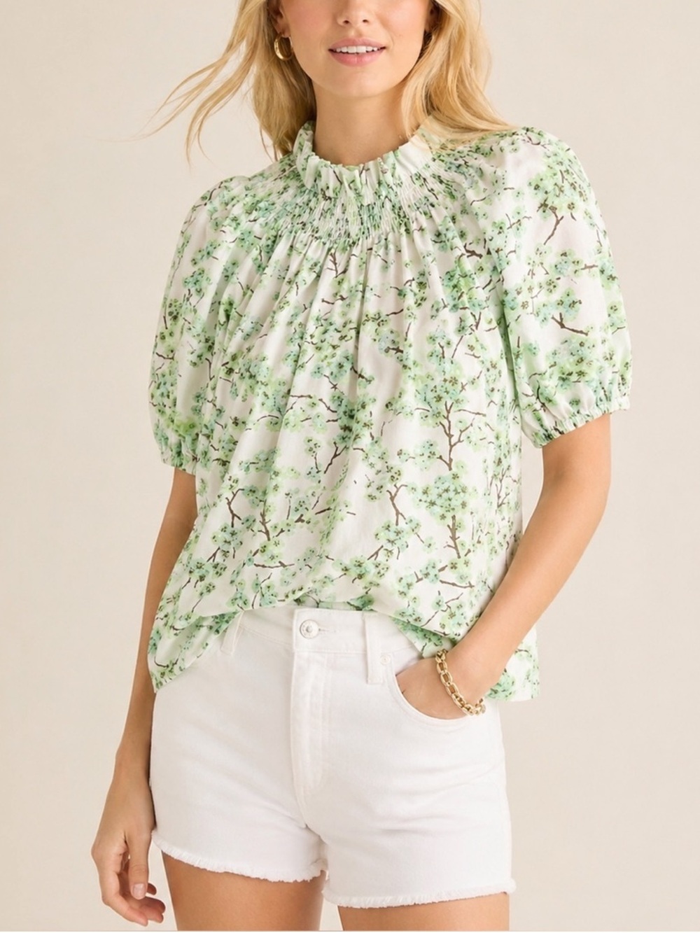 J Crew Smocked Lime Cherry Blossom Cotton Top